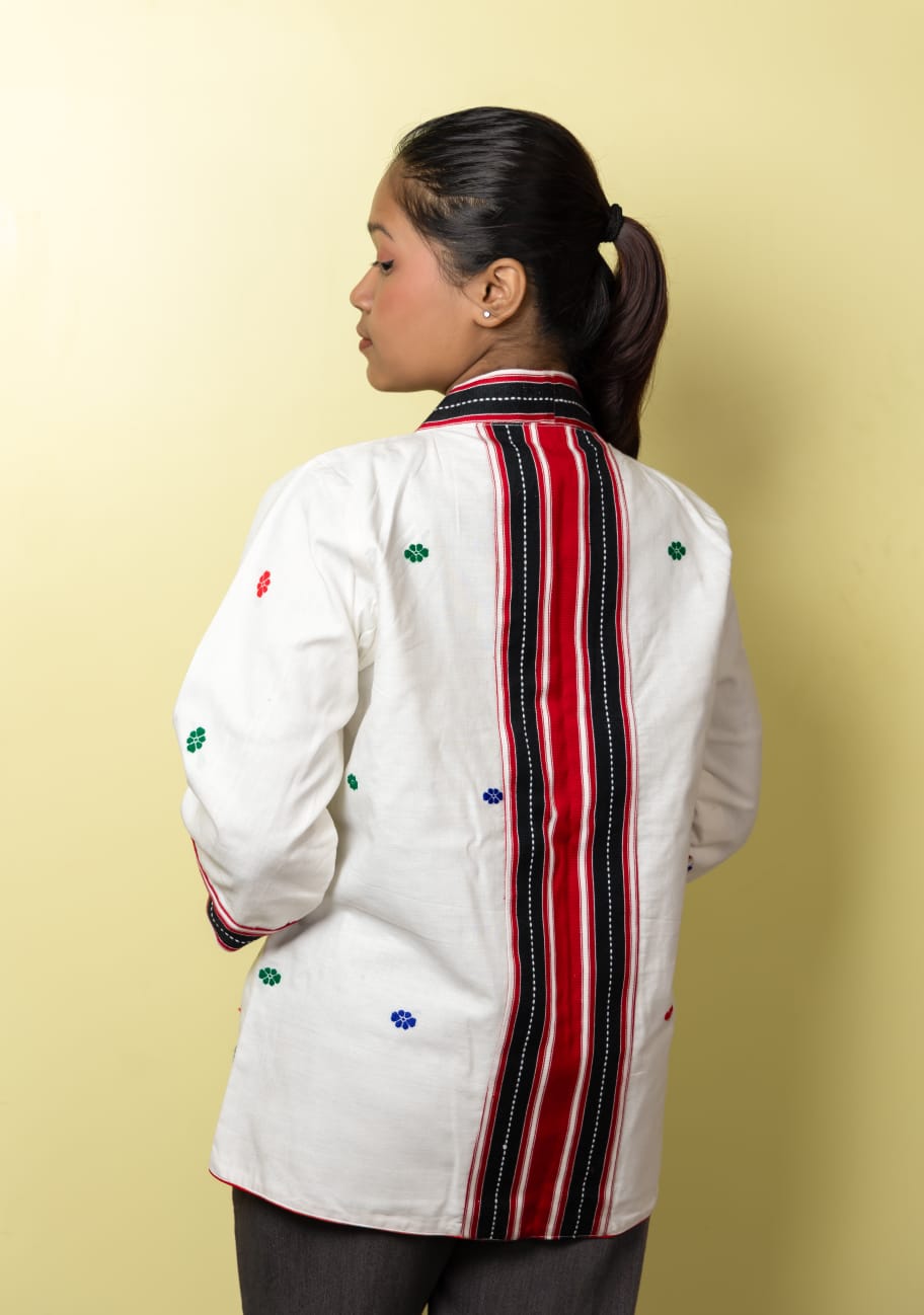 White Shrug with Assamese traditional motifs.